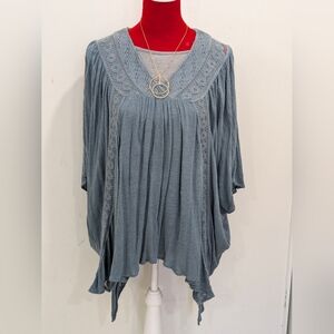 Bohemian Teal Lace-Trim Women's Peasant Top By MONORENO